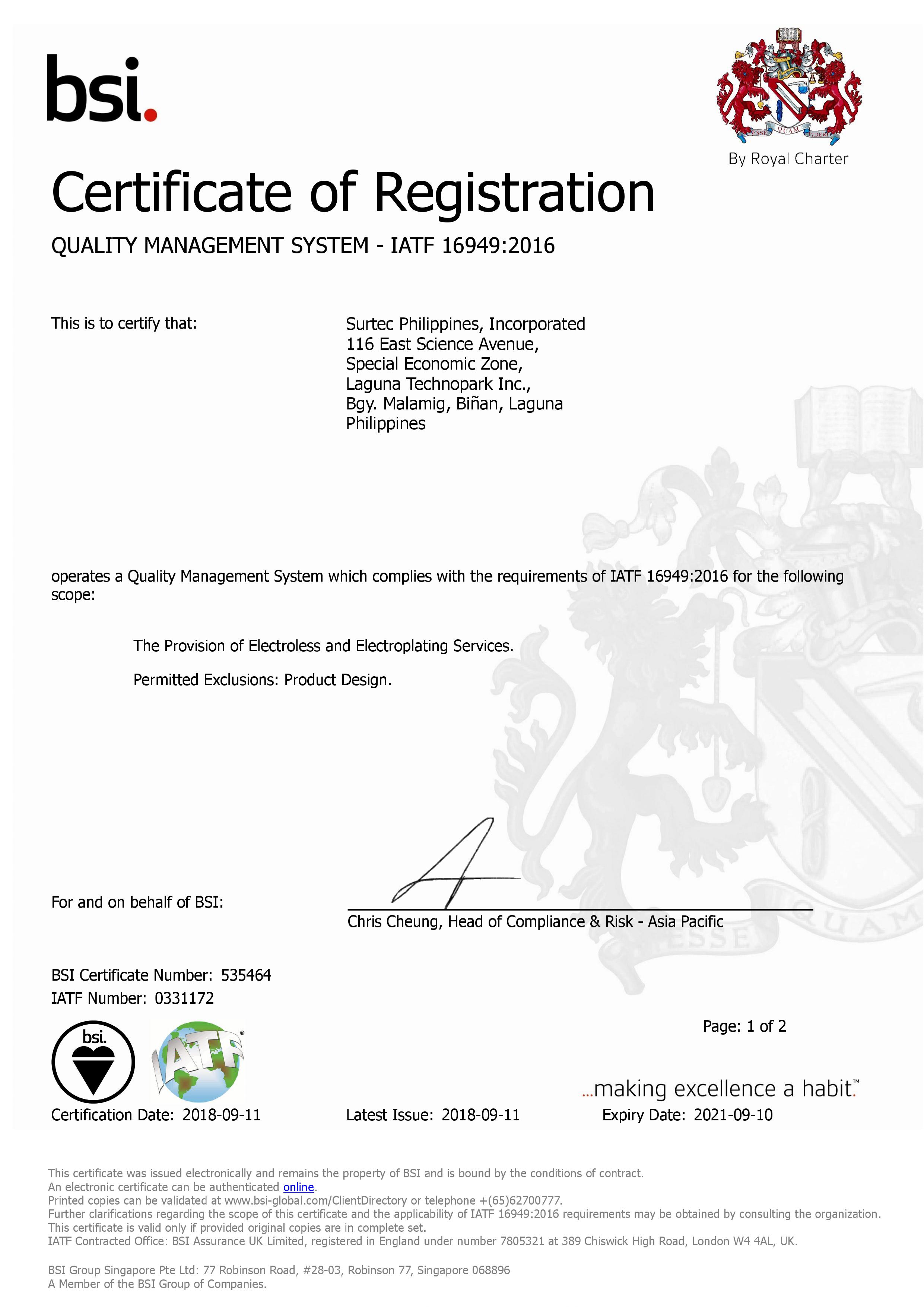 ISO Certification Surtec Philippines Inc 